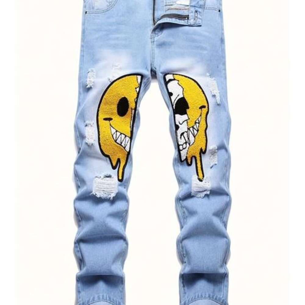 NWT Men's Light Wash Distressed Split Smiley Face Jeans